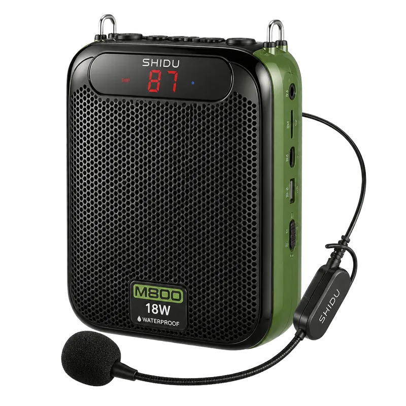 SHIDU M800 amplificador de voz impermeable de 18 W con micrófono inalámbrico de diadema, recargable, para profesores y discursos públicos
